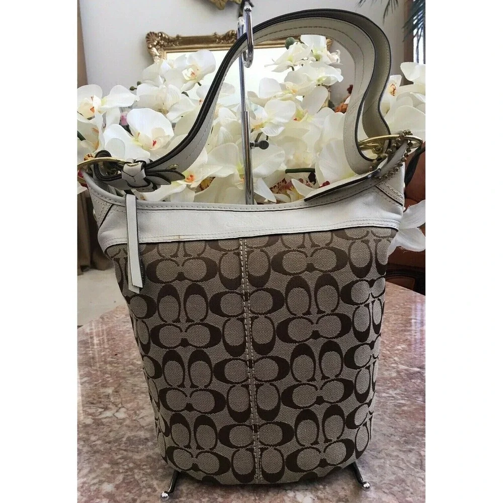 Coach11437 Bleeker Bucket Khaki Ivory Canvas Leather Cross-body‎ Bag EUC,  $349
